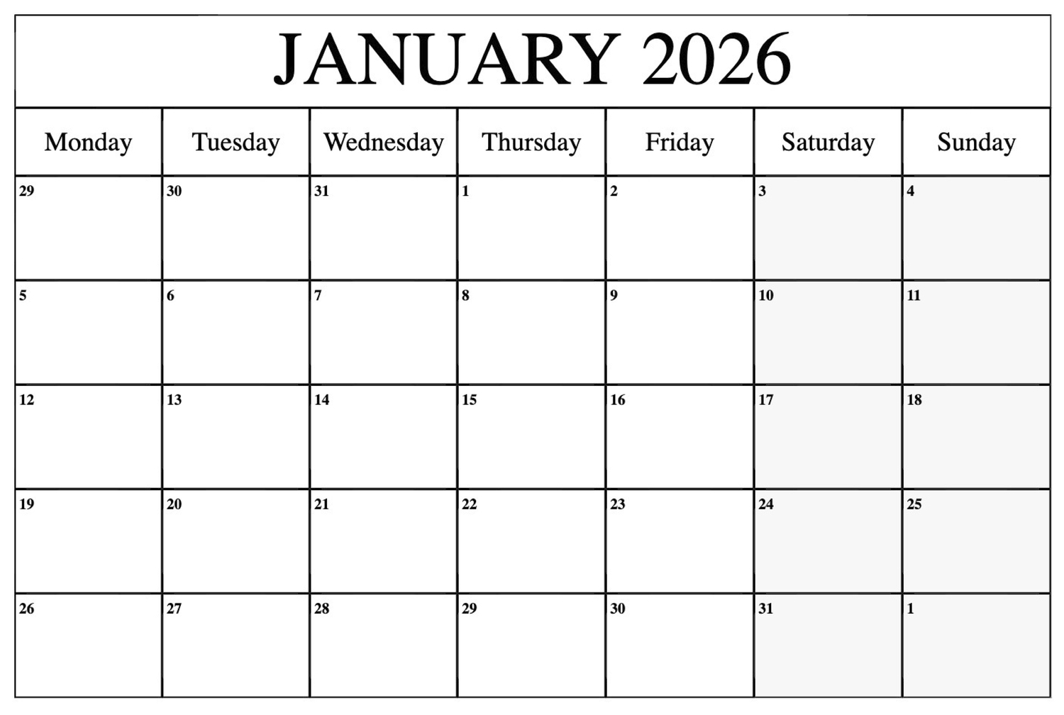 Free Printable January 2026 Calendar PDF