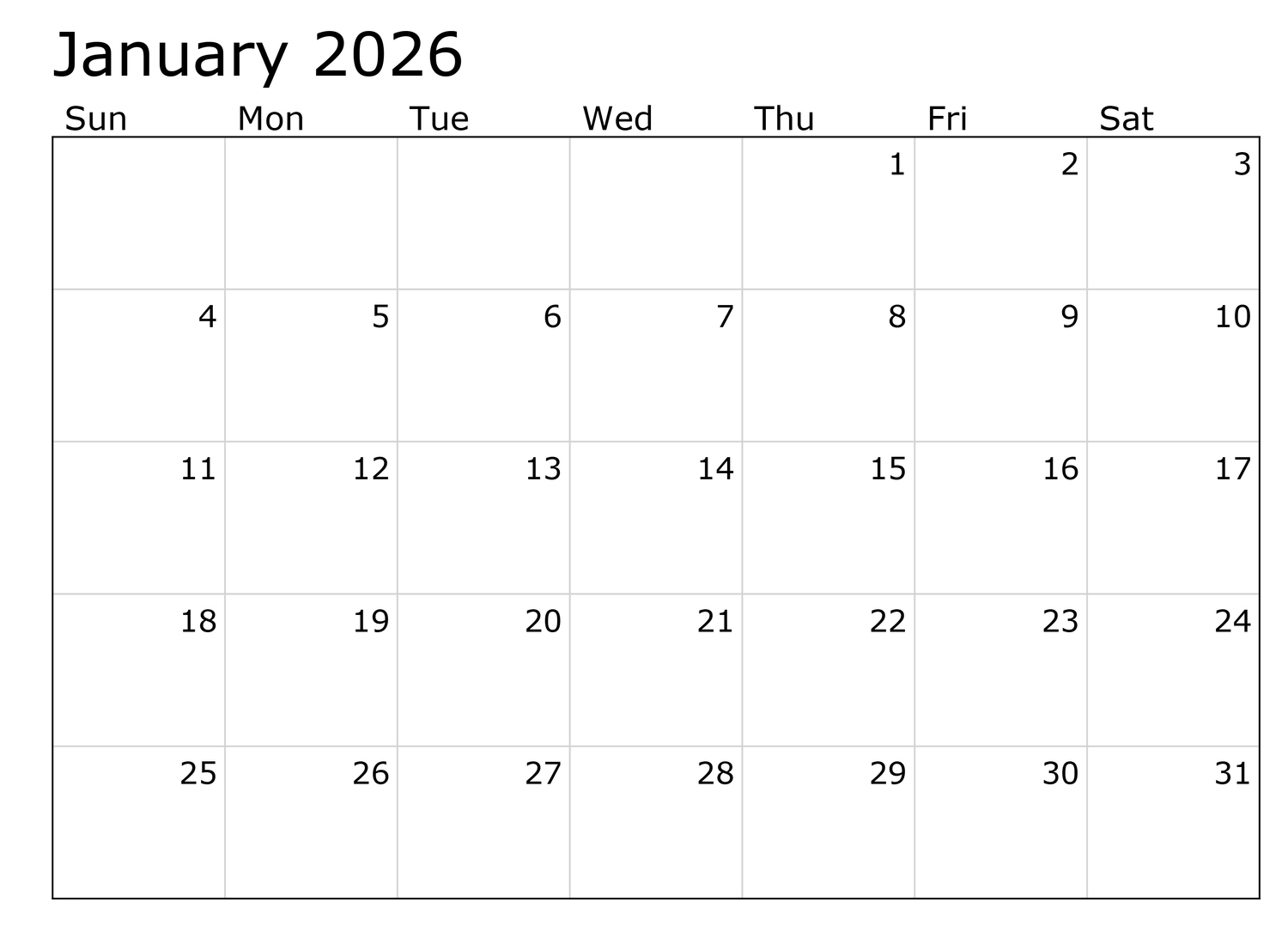 January Printable Calendar 2026 PDF