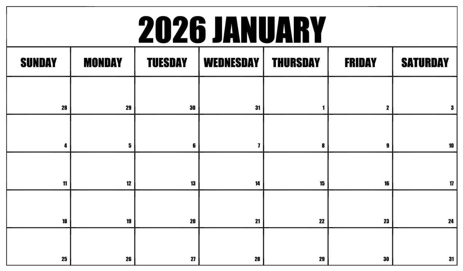 January Printable Calendar 2026 PDF with bold